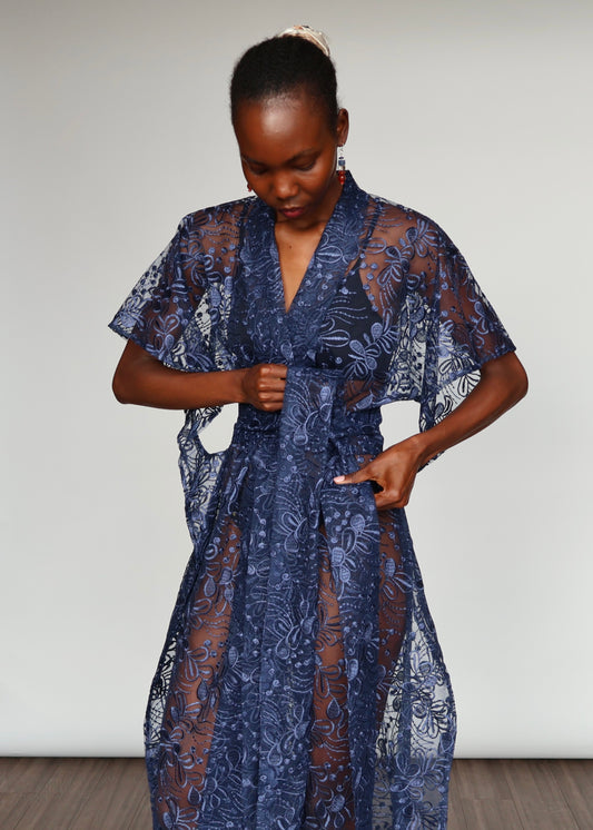 Elena Embroidered Kimono - Navy Blue