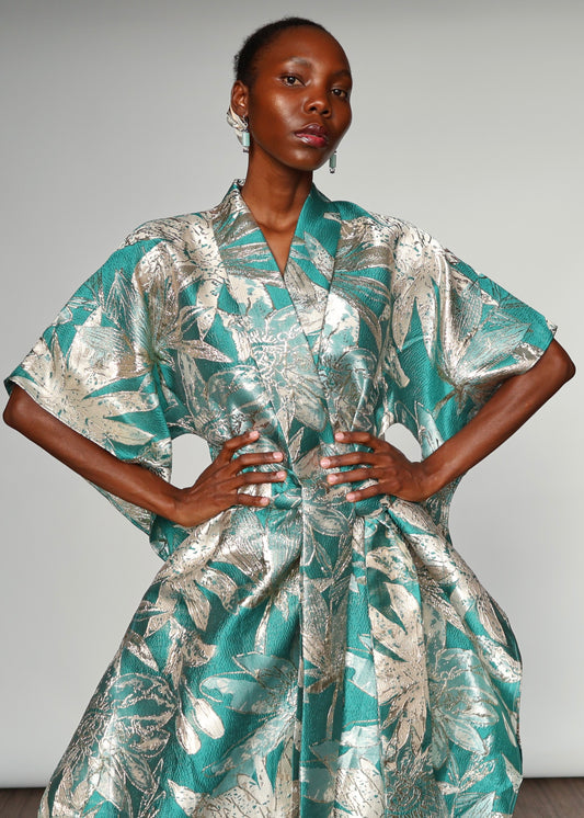 Aryana Structured Brocade Dress - Turquoise
